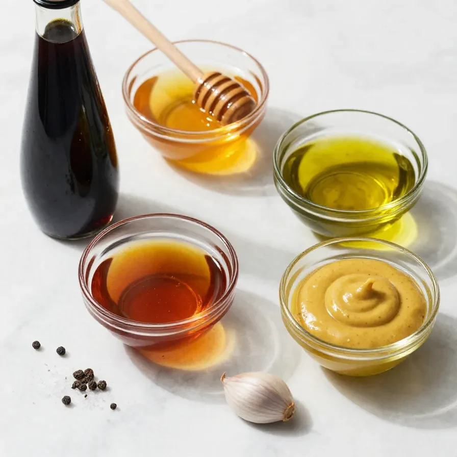 A glass jar filled with homemade balsamic vinaigrette surrounded by fresh ingredients.