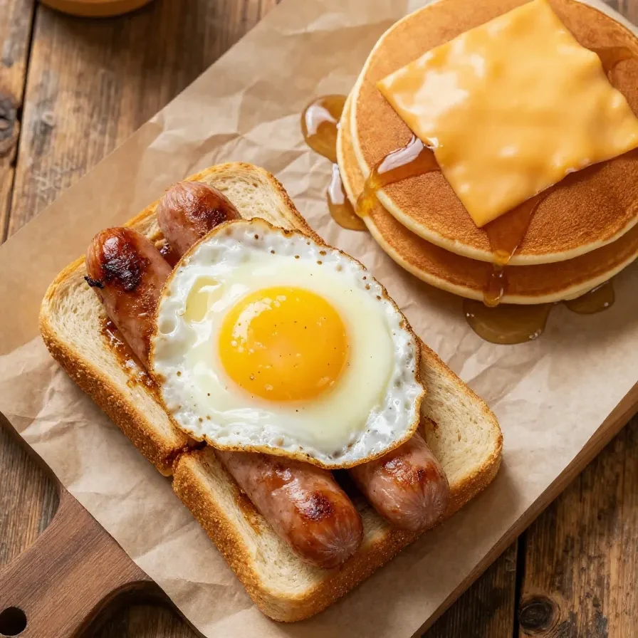 Close-up of a Sausage Egg McGriddle sandwich on a plate with a sunny morning background.