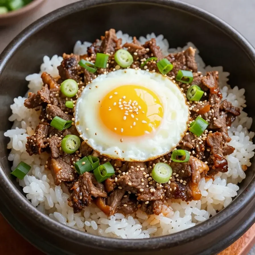 A bowl of Korean ground beef served over white rice, garnished with green onions and sesame seeds.