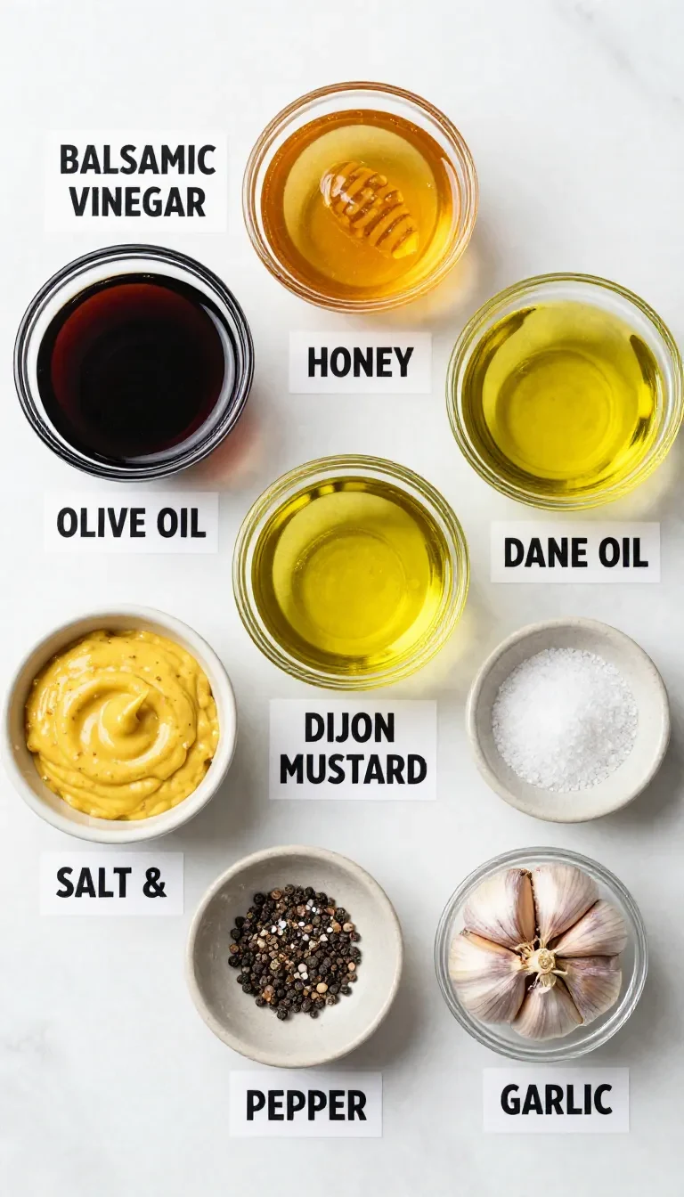 A glass jar filled with homemade balsamic vinaigrette surrounded by fresh ingredients.