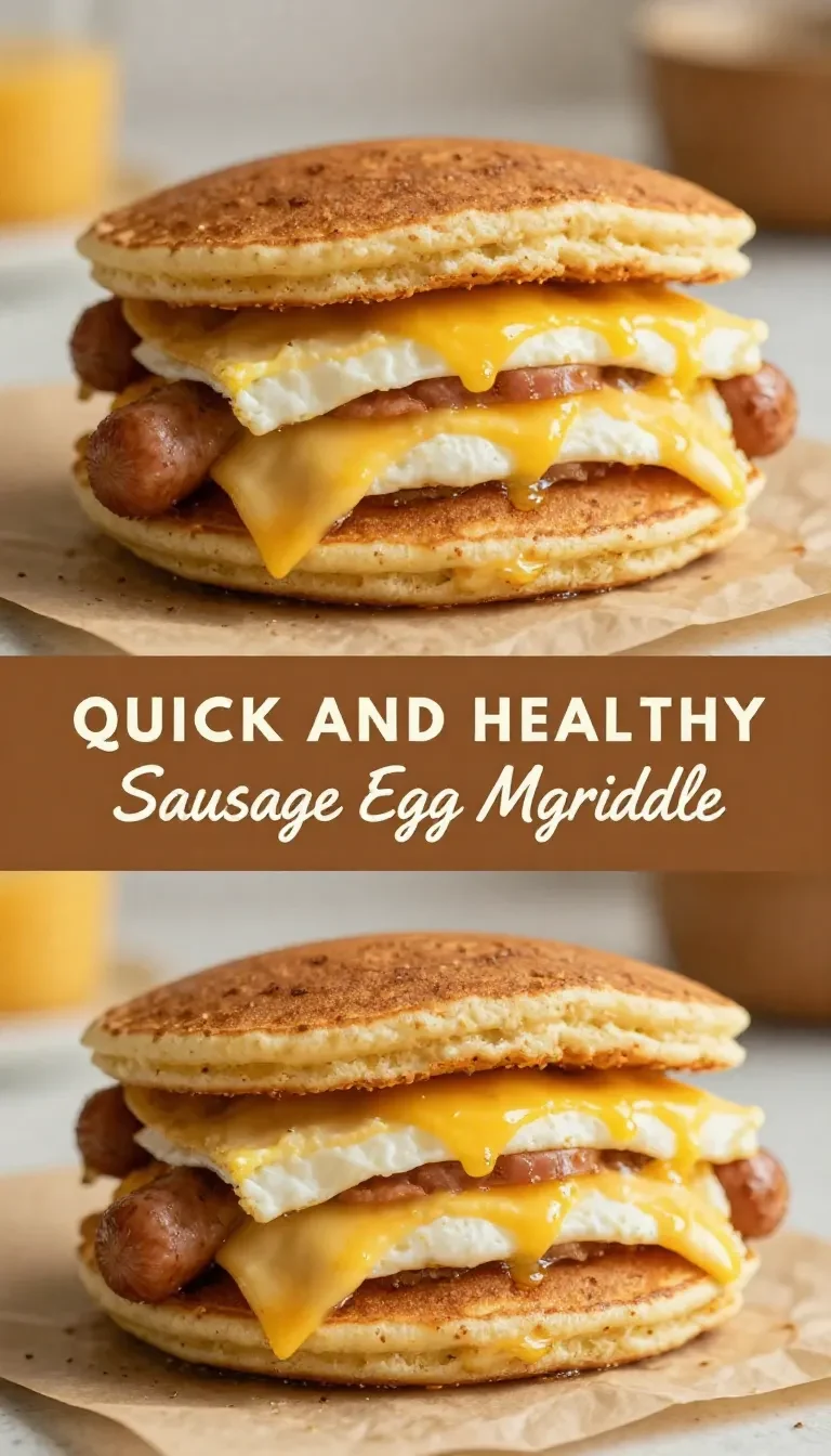 Close-up of a Sausage Egg McGriddle sandwich on a plate with a sunny morning background.
