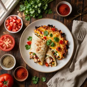 A baked chicken burrito casserole topped with melted cheese and garnished with cilantro in a white baking dish.
