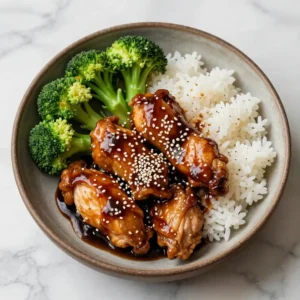 A plate of juicy teriyaki chicken served with steamed broccoli.