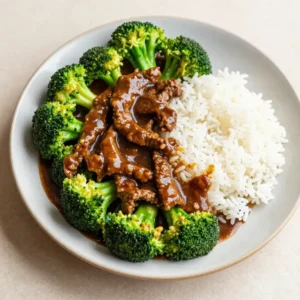 A plate of Chinese beef and broccoli stir-fry served with a savory sauce.