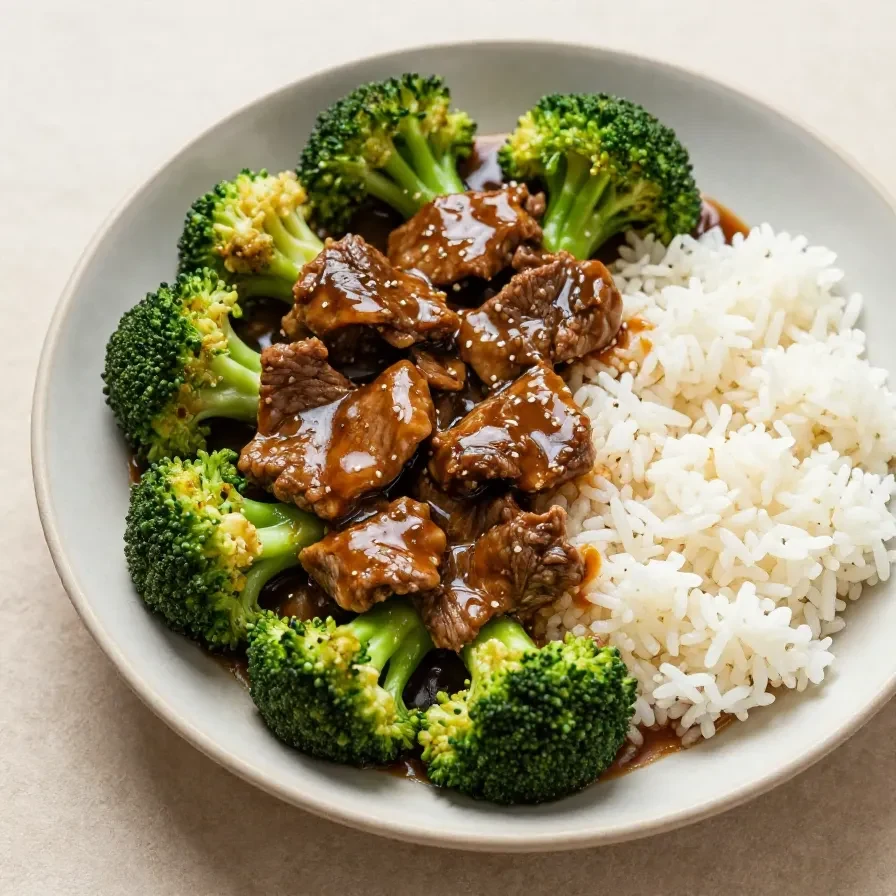 A plate of Chinese beef and broccoli stir-fry served with a savory sauce.