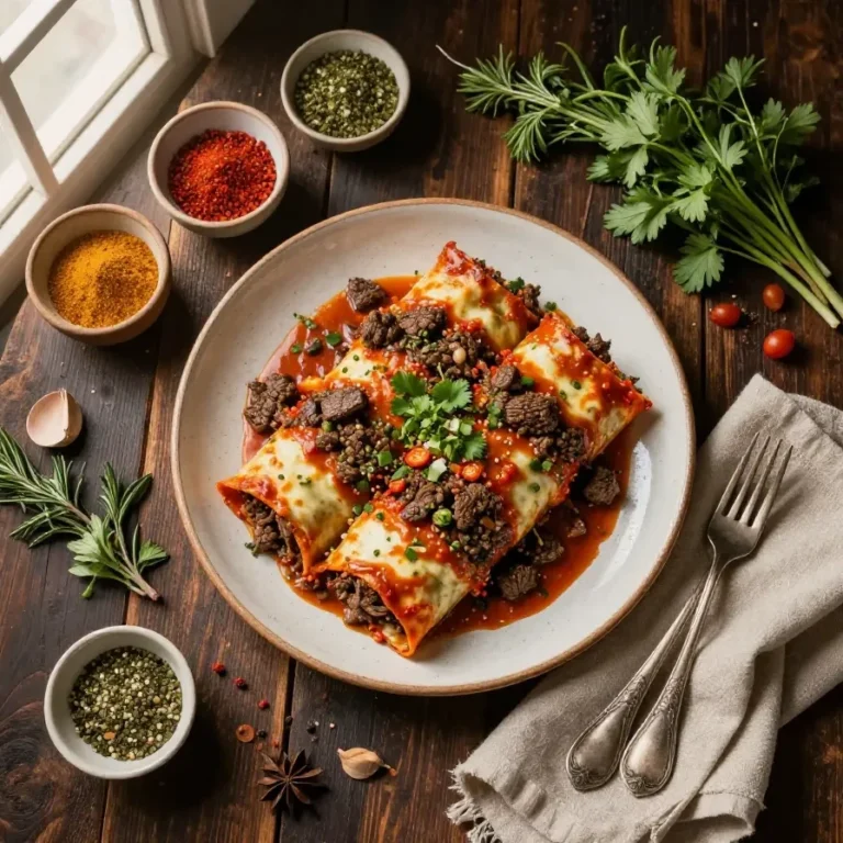 A plate of homemade beef enchiladas topped with melted cheese and fresh cilantro.