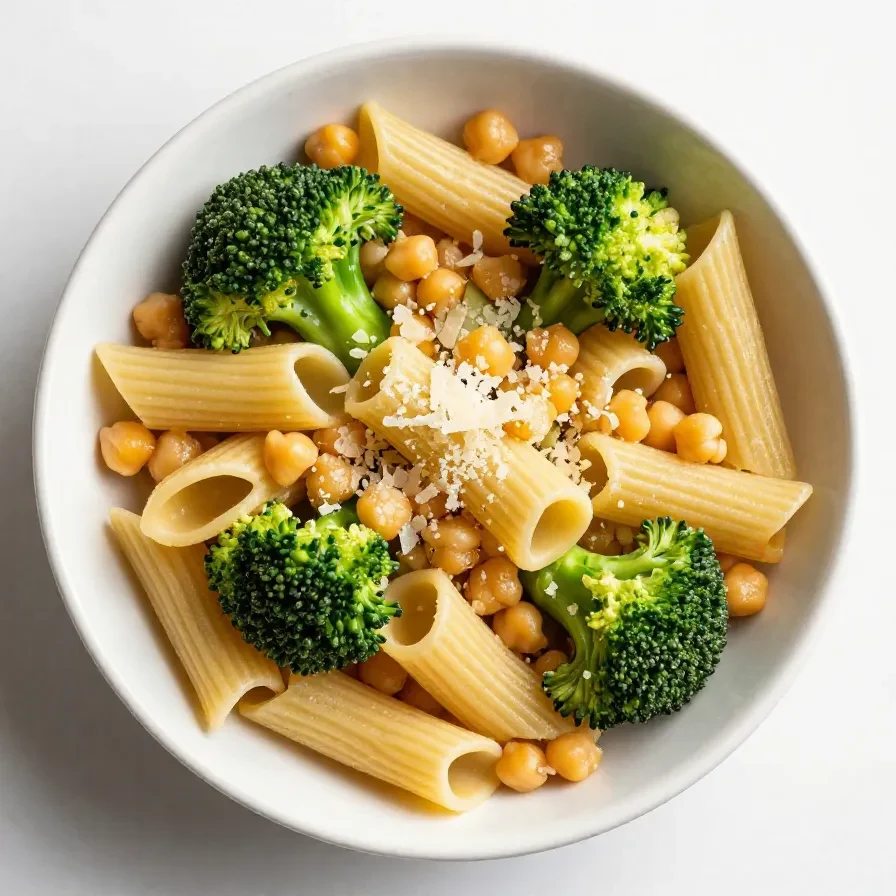 A bowl of broccoli chickpea pasta served with fresh parsley on a wooden table.