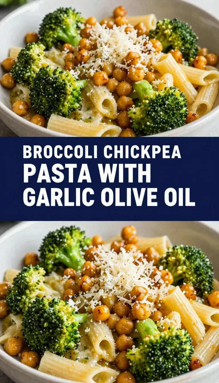 A bowl of broccoli chickpea pasta served with fresh parsley on a wooden table.