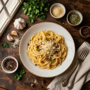 A bowl of creamy garlic Parmesan pasta topped with fresh parsley.