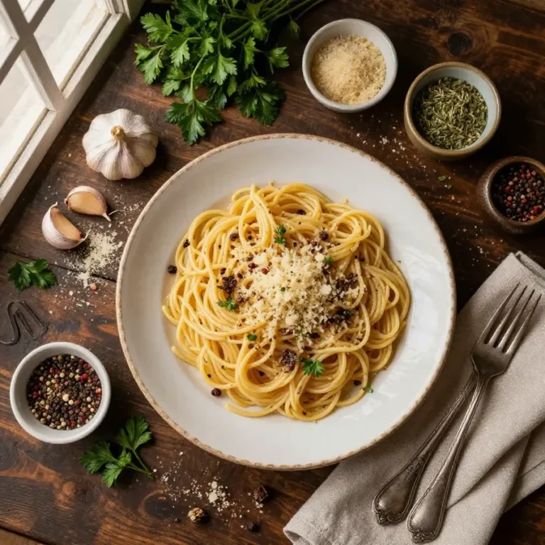 A bowl of creamy garlic Parmesan pasta topped with fresh parsley.