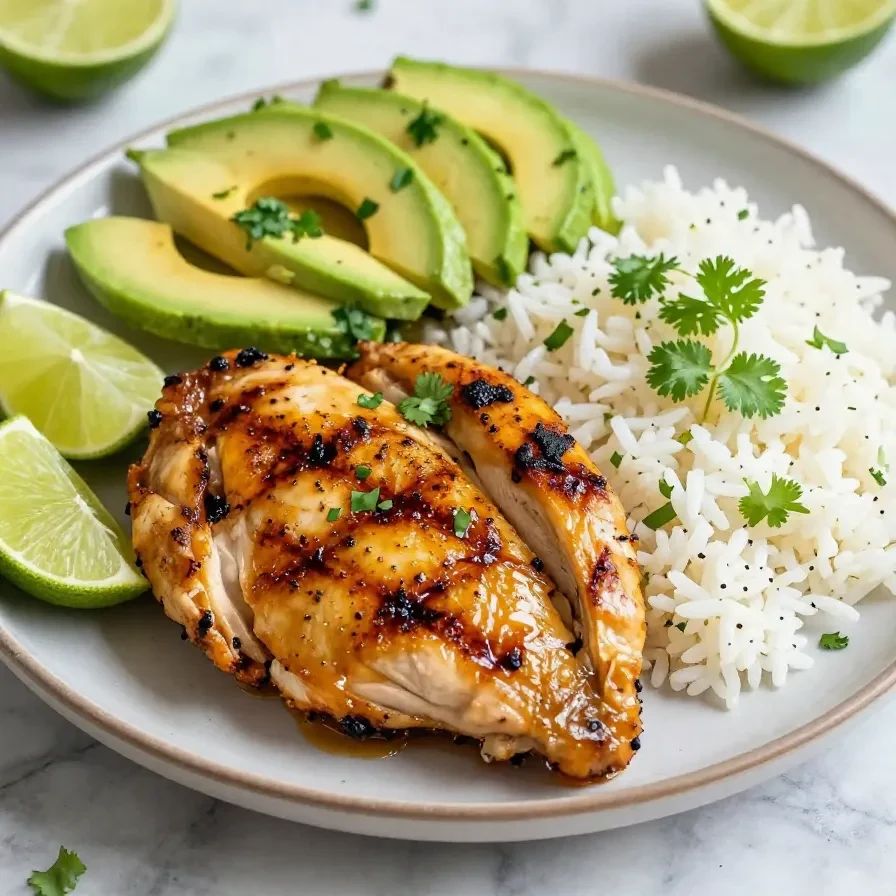 A vibrant honey lime chicken and avocado rice bowl served in a white dish on a wooden table.