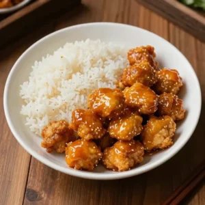 Plate of 3-ingredient orange chicken served with a side of steamed rice.