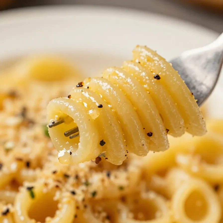 A bowl of creamy garlic Parmesan pasta topped with fresh parsley.