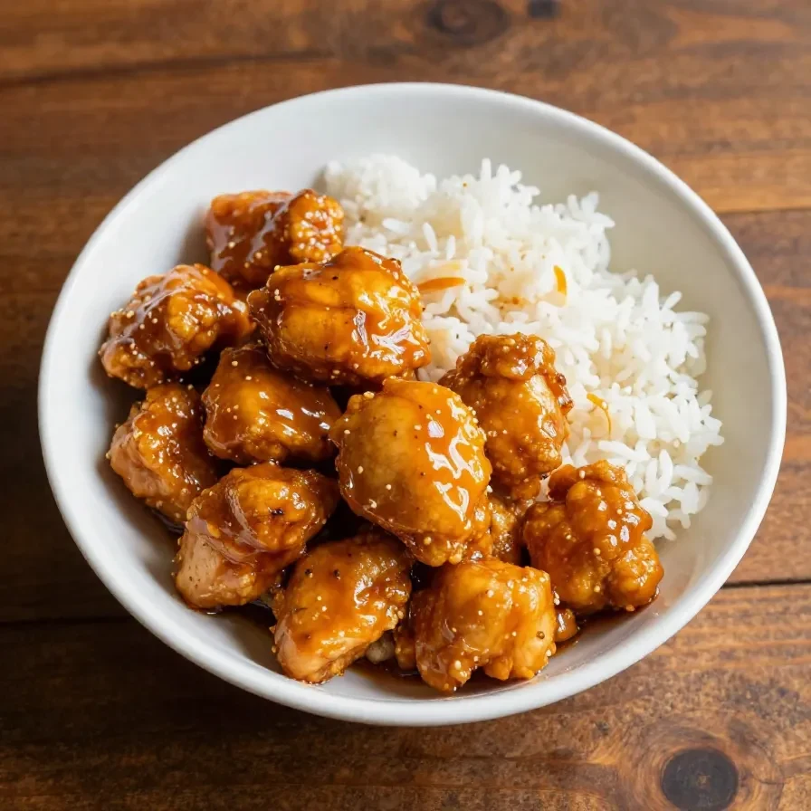 Plate of 3-ingredient orange chicken served with a side of steamed rice.