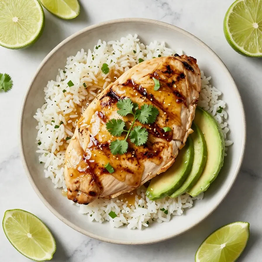 A vibrant honey lime chicken and avocado rice bowl served in a white dish on a wooden table.