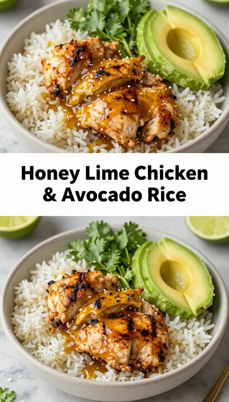 A vibrant honey lime chicken and avocado rice bowl served in a white dish on a wooden table.