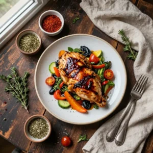 A single pan filled with balsamic chicken, vegetables, and herbs, freshly cooked and ready to serve.