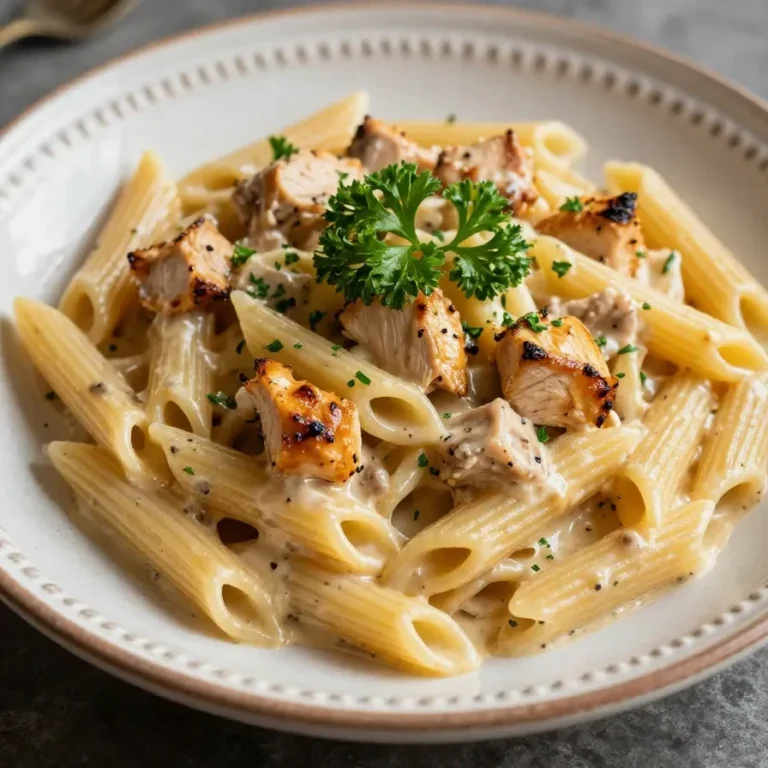 A plate of creamy rotisserie chicken pasta garnished with fresh parsley.