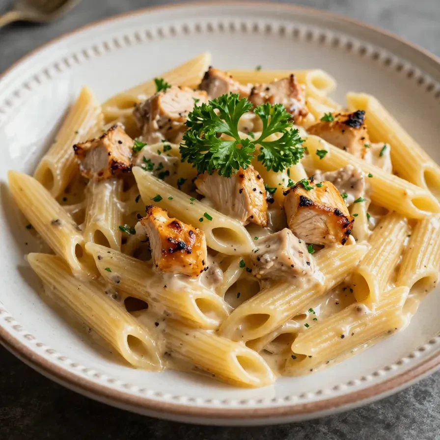 A plate of creamy rotisserie chicken pasta garnished with fresh parsley.