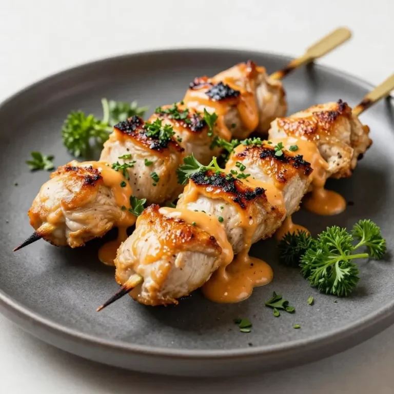 Grilled Bang Bang Chicken Skewers served on a white plate with fresh parsley garnish.