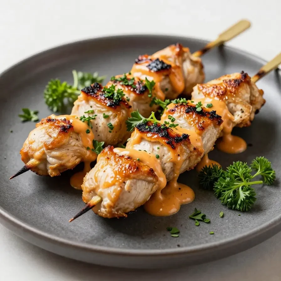 Grilled Bang Bang Chicken Skewers served on a white plate with fresh parsley garnish.