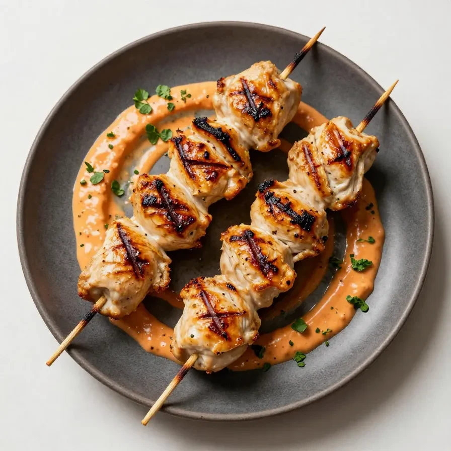 Grilled Bang Bang Chicken Skewers served on a white plate with fresh parsley garnish.