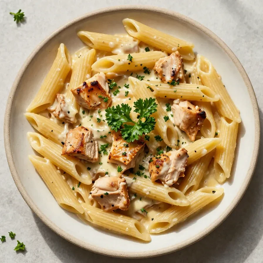 A plate of creamy rotisserie chicken pasta garnished with fresh parsley.