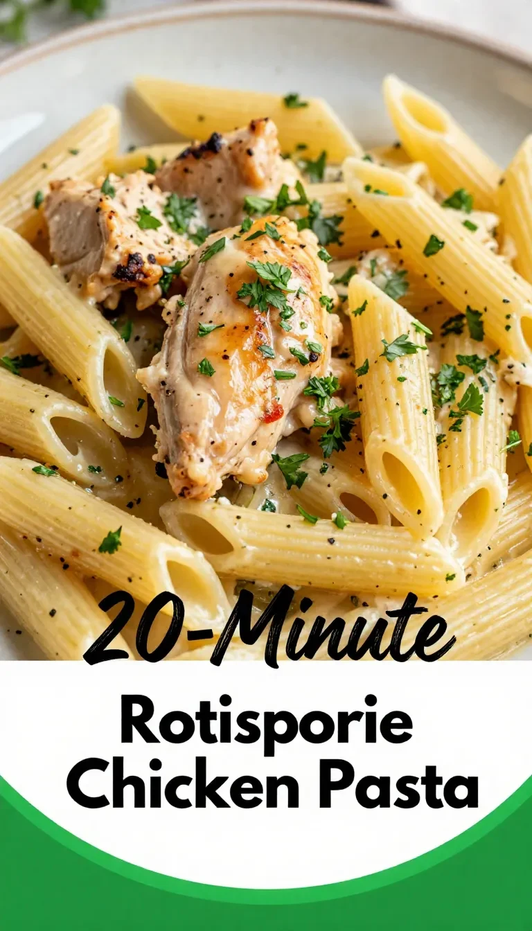 A plate of creamy rotisserie chicken pasta garnished with fresh parsley.