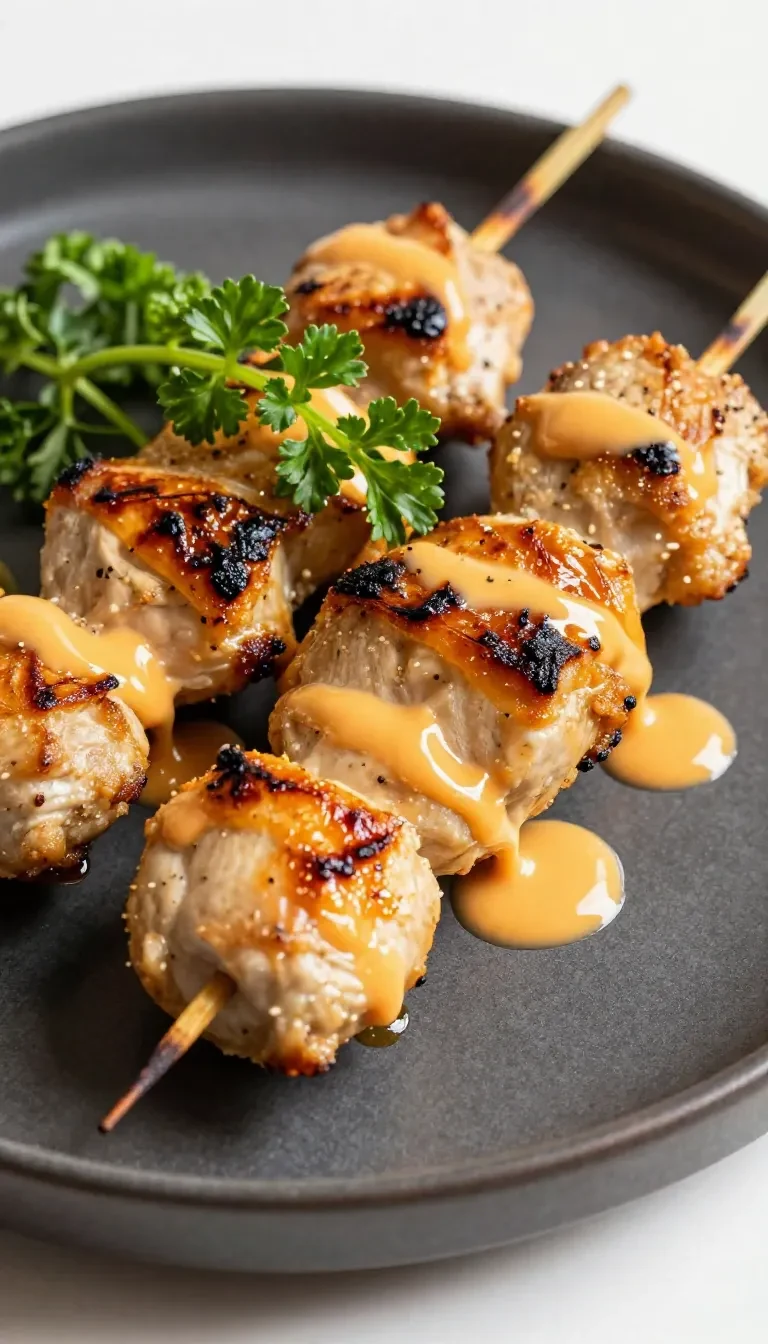Grilled Bang Bang Chicken Skewers served on a white plate with fresh parsley garnish.