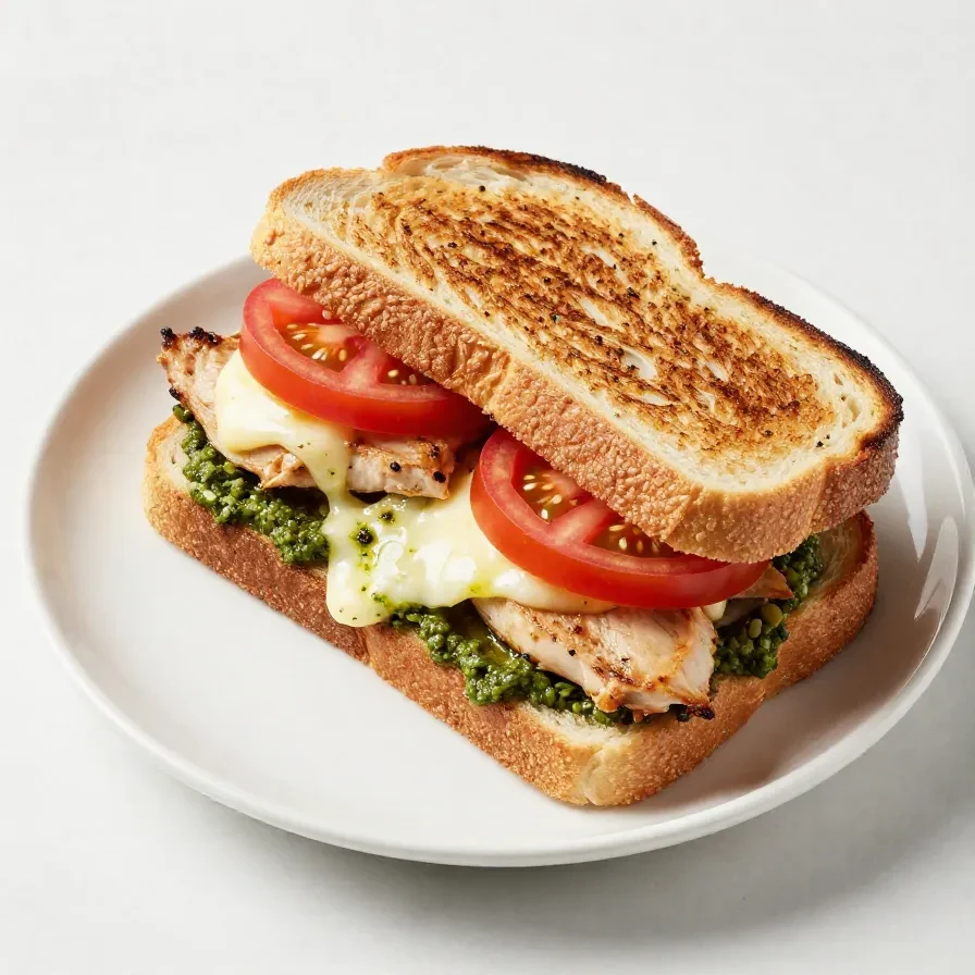 A freshly made chicken pesto sandwich with grilled chicken, fresh basil pesto, and lettuce on toasted bread.