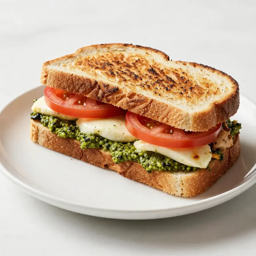 A freshly made chicken pesto sandwich with grilled chicken, fresh basil pesto, and lettuce on toasted bread.