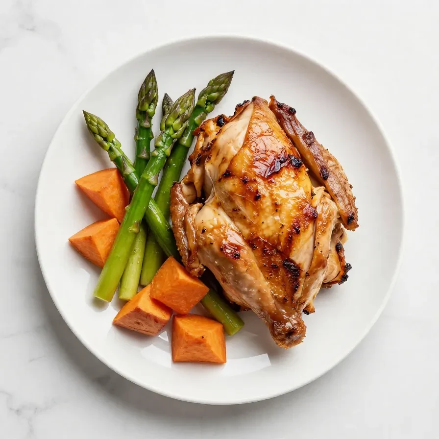 A plate of healthy baked chicken served with roasted sweet potatoes and fresh herbs.