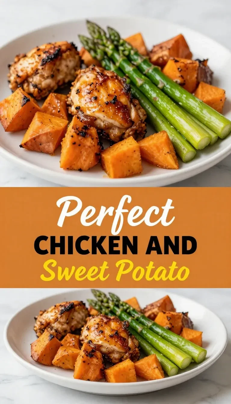 A plate of healthy baked chicken served with roasted sweet potatoes and fresh herbs.