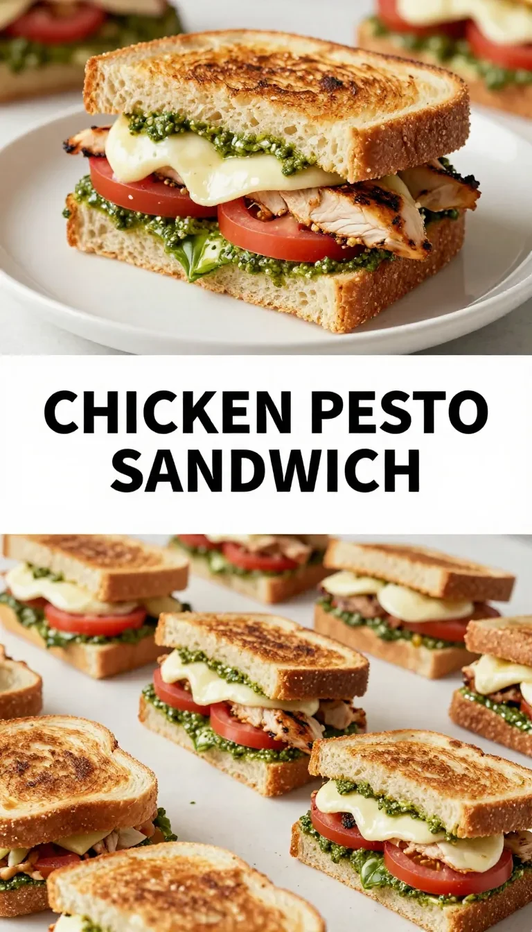 A freshly made chicken pesto sandwich with grilled chicken, fresh basil pesto, and lettuce on toasted bread.