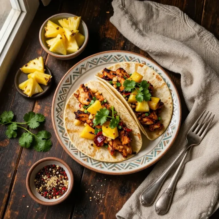 A close-up of one pan chicken and pineapple tacos served on a wooden table.