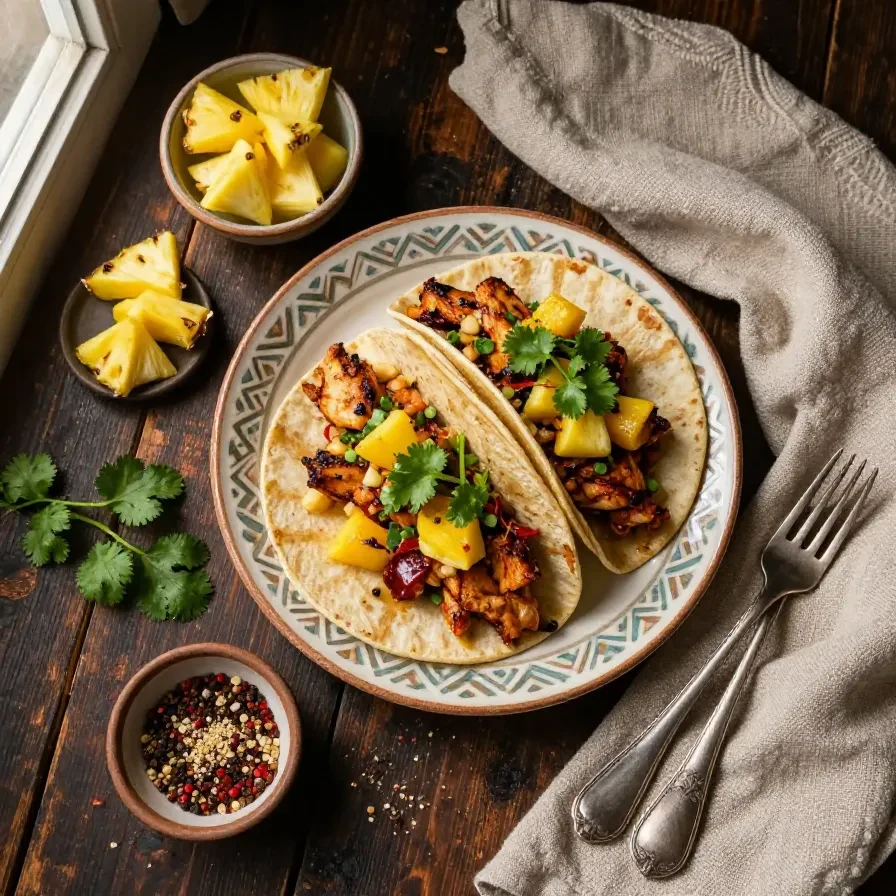 A close-up of one pan chicken and pineapple tacos served on a wooden table.