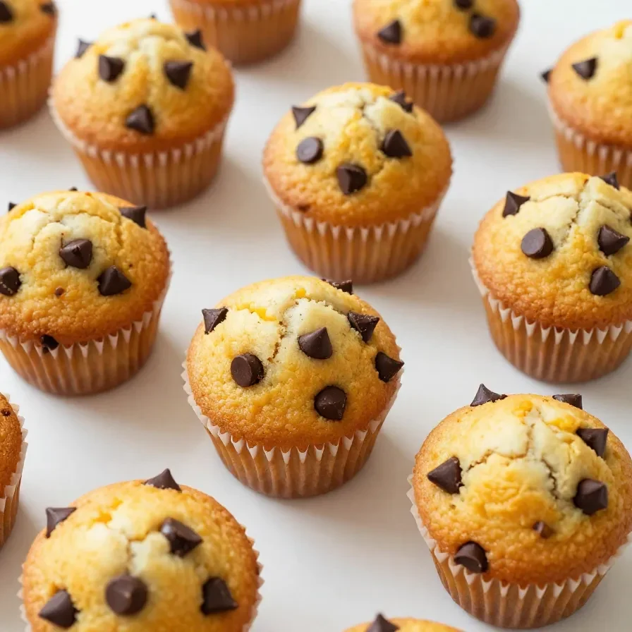 A close-up of freshly baked mini chocolate chip muffins on a wooden table.