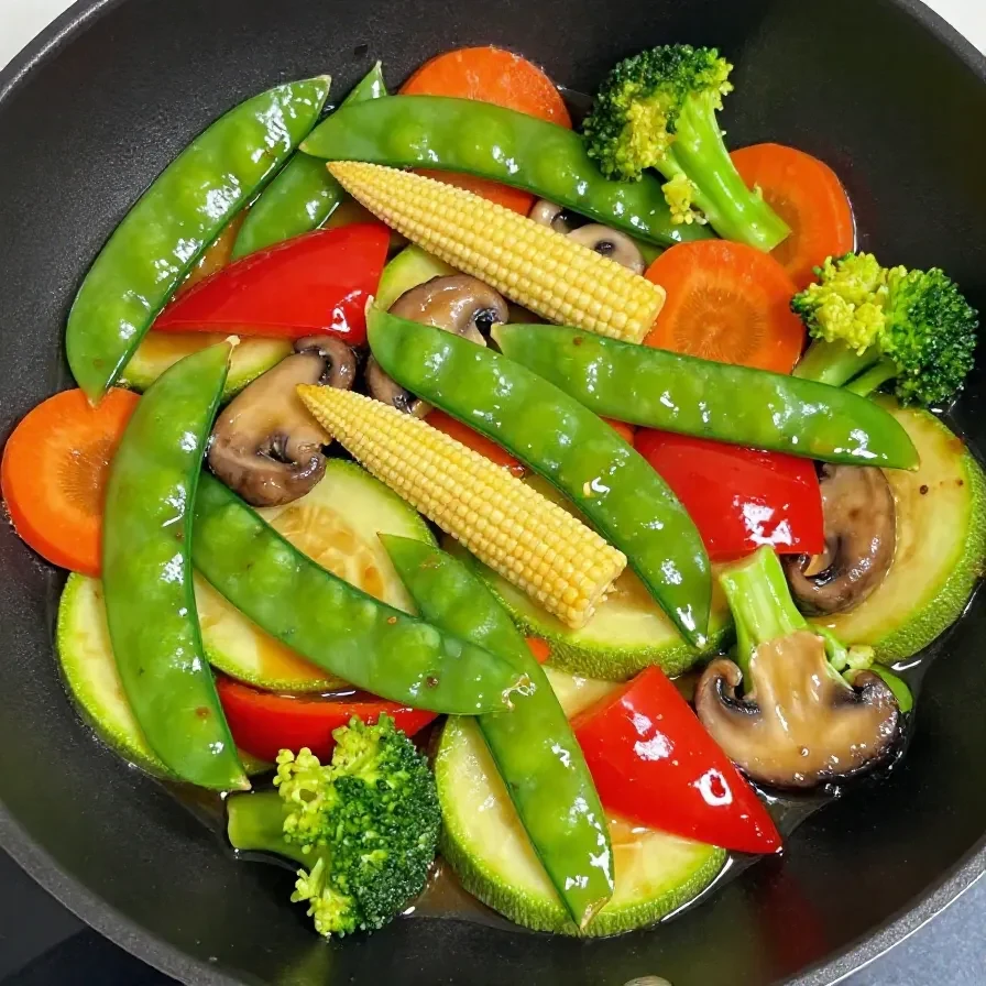 A colorful vegetable stir fry served in a pan with broccoli, carrots, bell peppers, and snap peas.