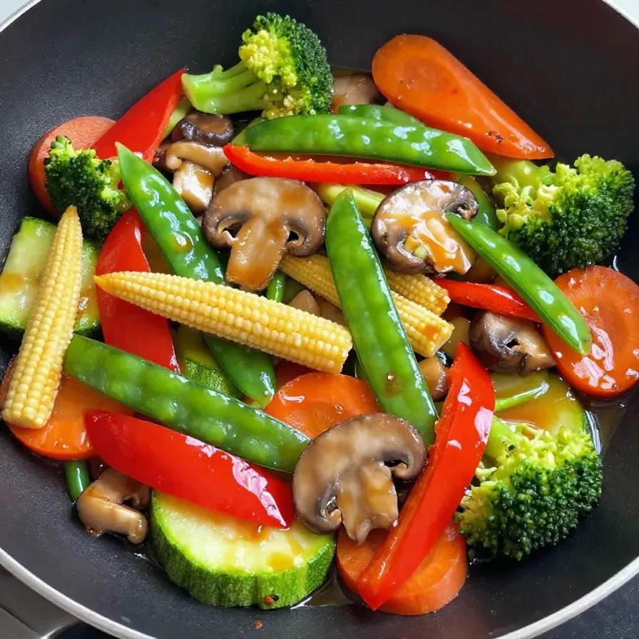 A colorful vegetable stir fry served in a pan with broccoli, carrots, bell peppers, and snap peas.