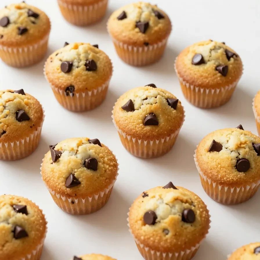 A close-up of freshly baked mini chocolate chip muffins on a wooden table.