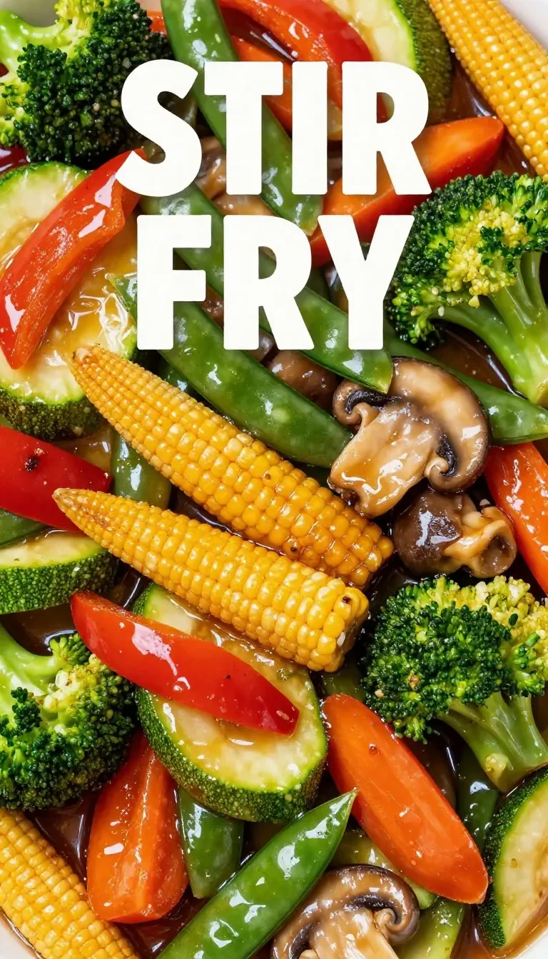 A colorful vegetable stir fry served in a pan with broccoli, carrots, bell peppers, and snap peas.