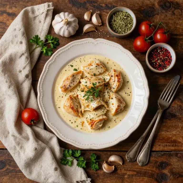 A plate of creamy garlic chicken served with fresh parsley garnish.