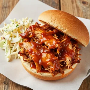 A plate of healthy shredded BBQ chicken garnished with fresh parsley.