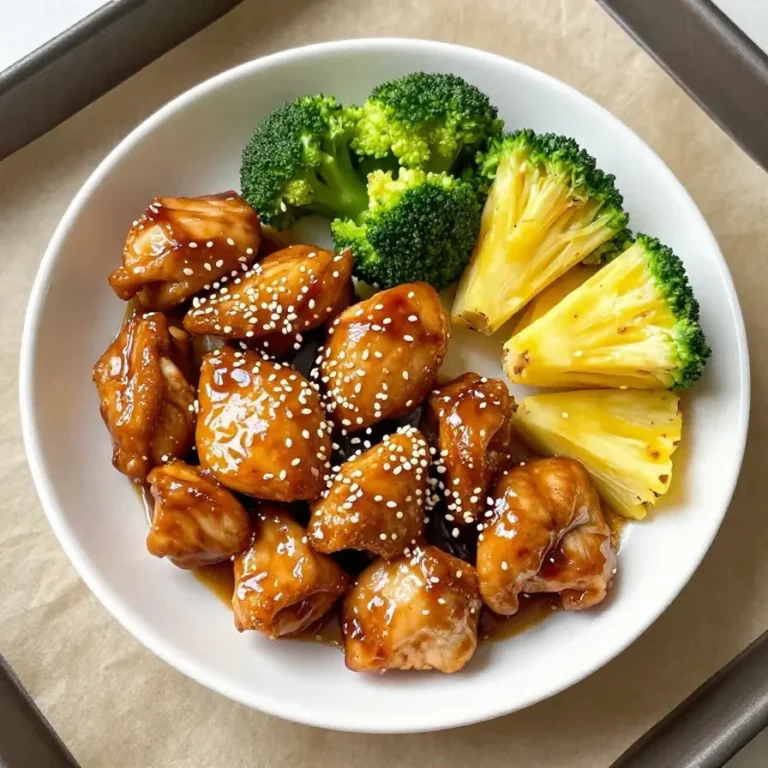 A sheet pan filled with teriyaki chicken, pineapple chunks, and roasted broccoli, garnished with sesame seeds.