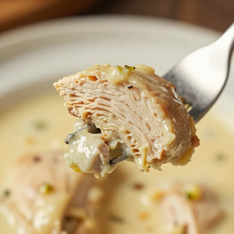 A plate of creamy garlic chicken served with fresh parsley garnish.