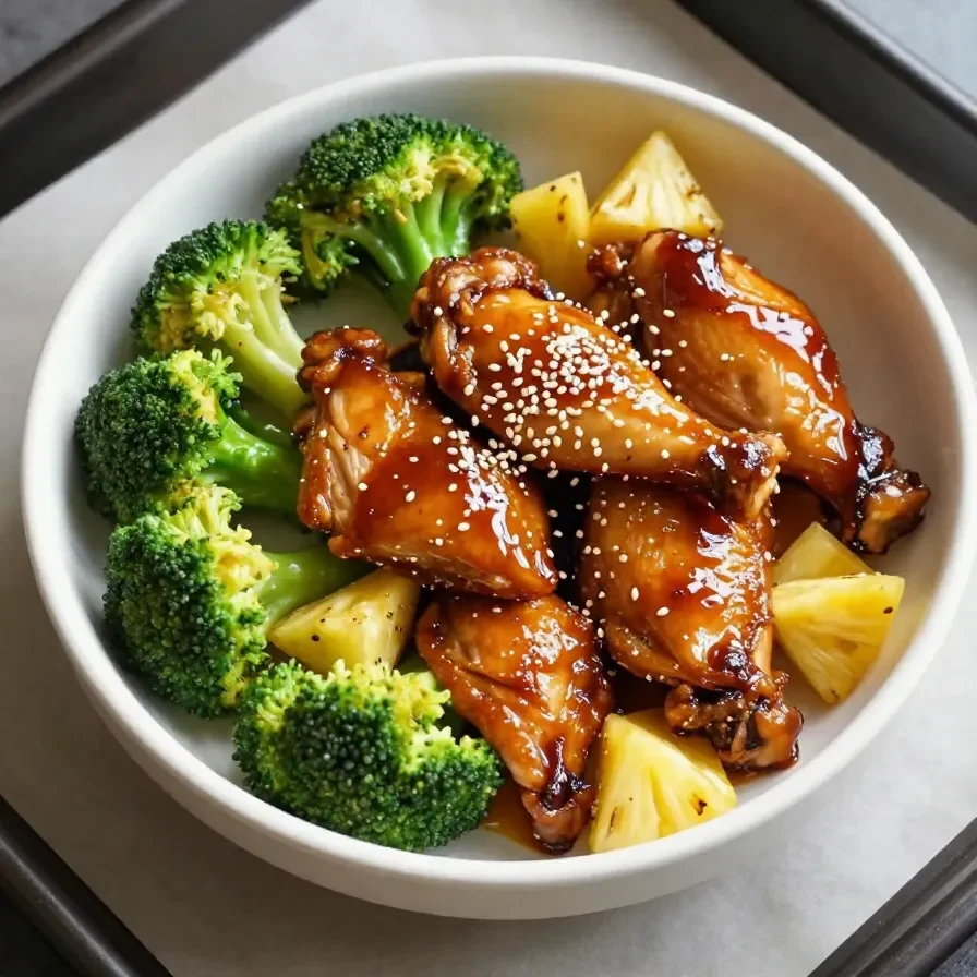 A sheet pan filled with teriyaki chicken, pineapple chunks, and roasted broccoli, garnished with sesame seeds.