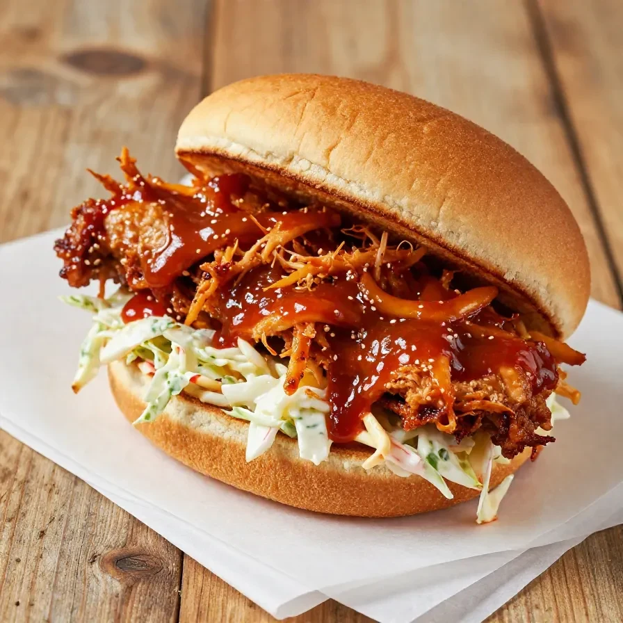 A plate of healthy shredded BBQ chicken garnished with fresh parsley.