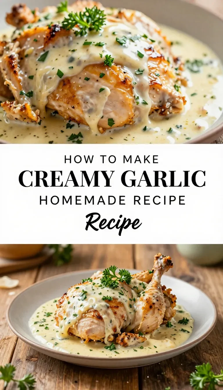 A plate of creamy garlic chicken served with fresh parsley garnish.