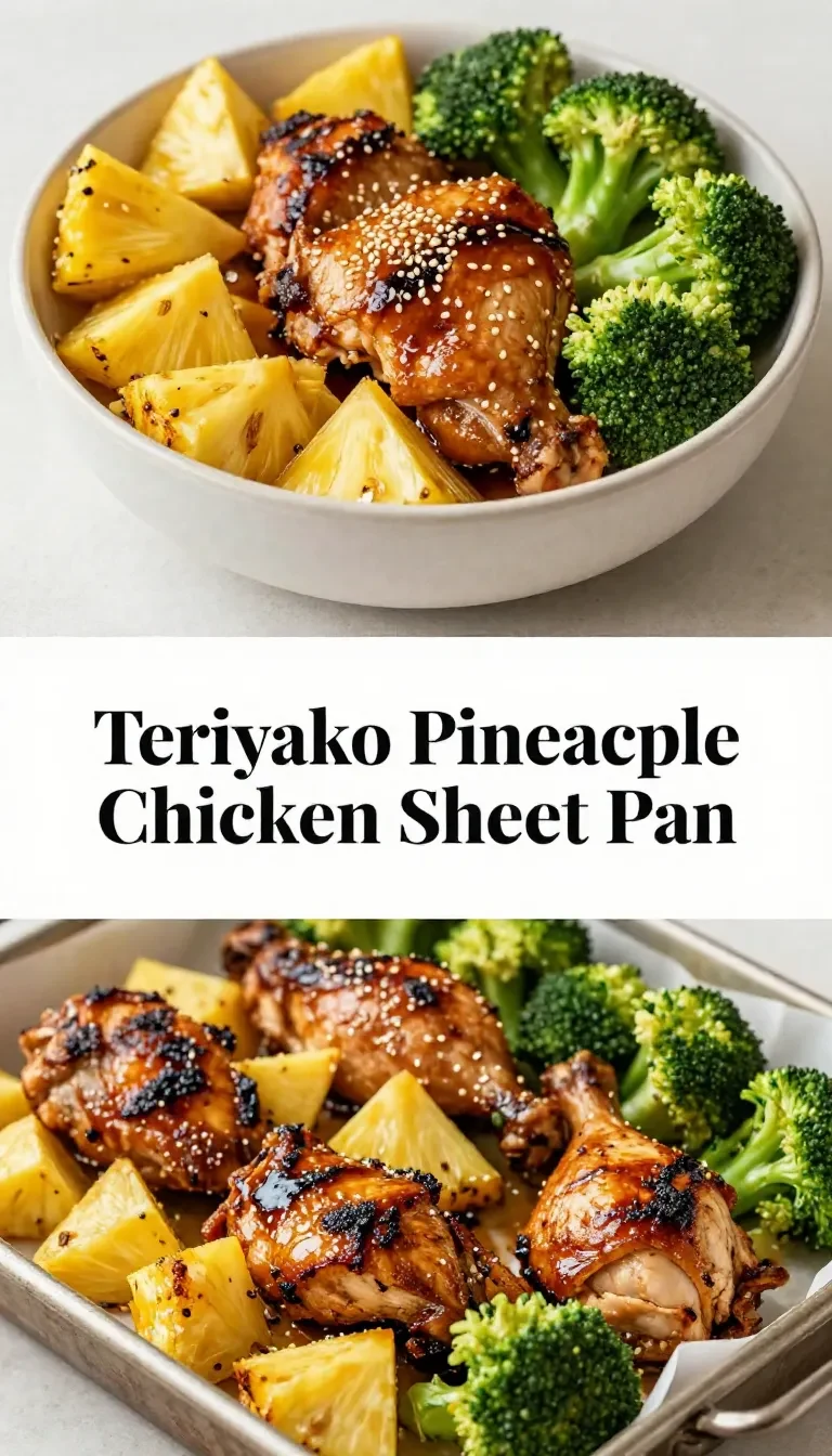 A sheet pan filled with teriyaki chicken, pineapple chunks, and roasted broccoli, garnished with sesame seeds.