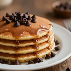 A stack of fluffy coffee-infused pancakes topped with syrup and coffee beans on a white plate.